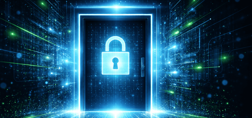 Futuristic digital doorway with a glowing padlock icon, surrounded by blue circuitry and green light trails.