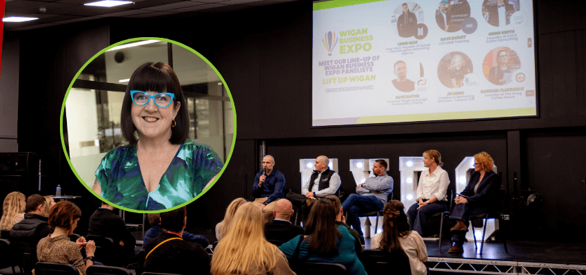 Keynote panel at Wigan Business Expo with Maura Jackson highlighted in a circular overlay, speaking to an audience in a conference setting.