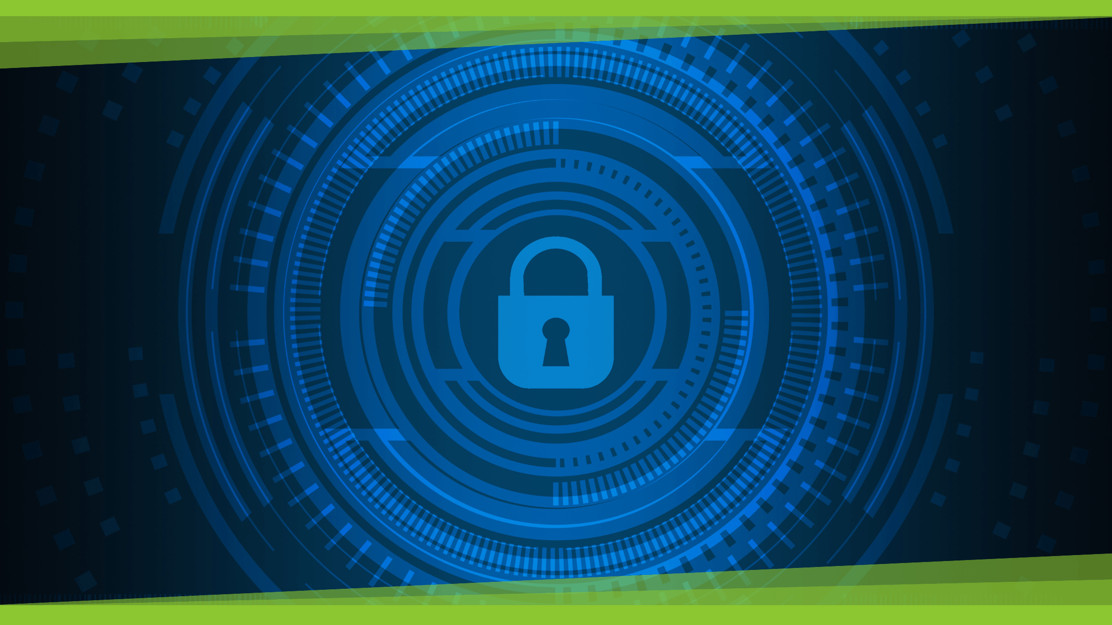 A blue digital padlock icon is centered on a dark blue circular background with concentric rings and circuit-like patterns.